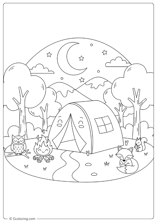 A camping scene in nature with a tent and campfire Coloring Pages