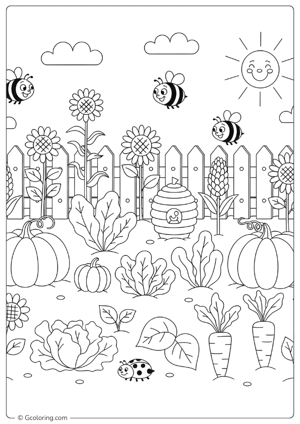 A garden with vegetables and bees Coloring Pages