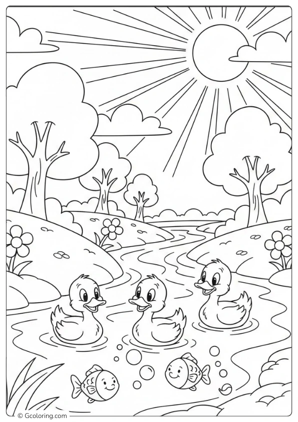 A peaceful river with ducks and fish Coloring Pages