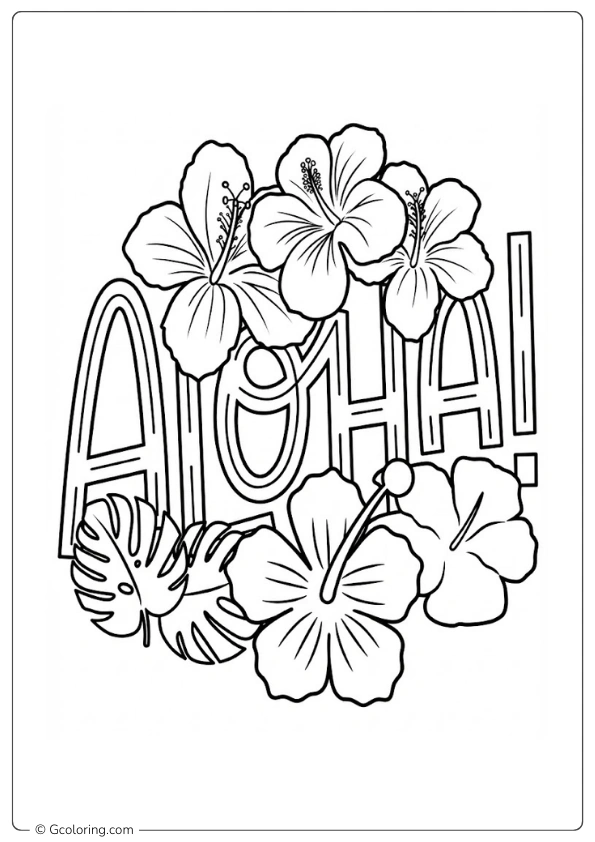 Aloha Hawaii Sticker with Hibiscus Flower Coloring Pages