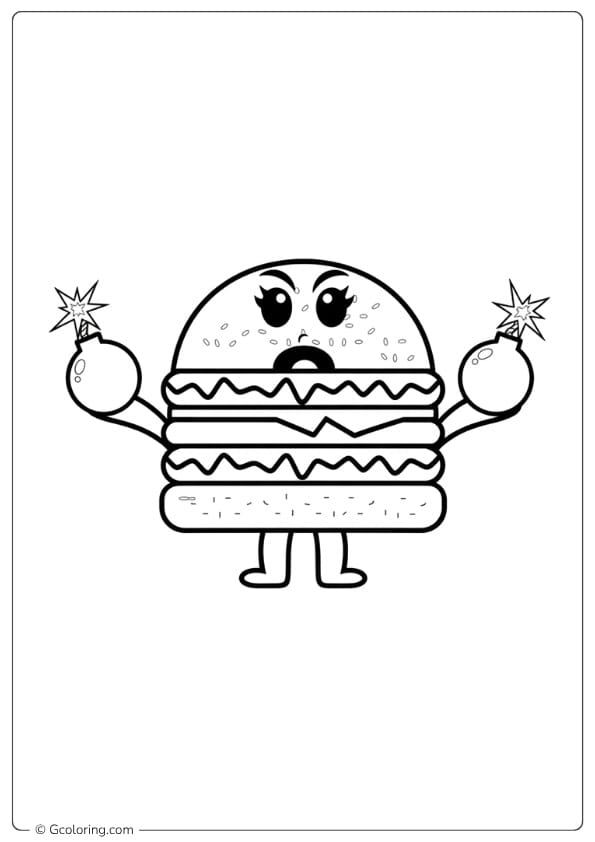 Angry Burger with Bombs Outline burger coloring pages