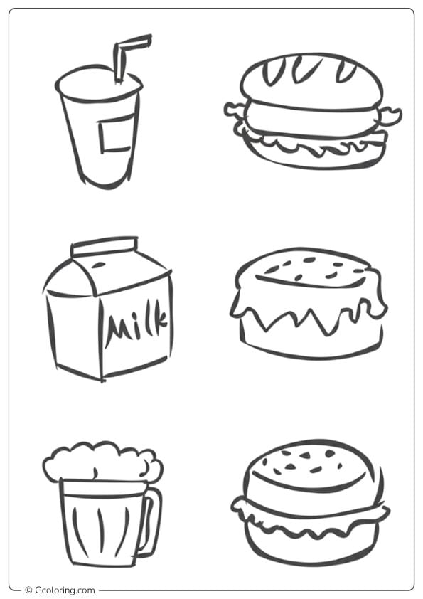 Assorted Food and Drink Sketches Outline food coloring pages