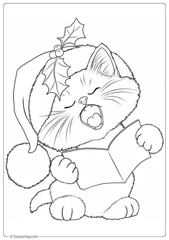 Caroling Kitten Christmas Cat Coloring Page