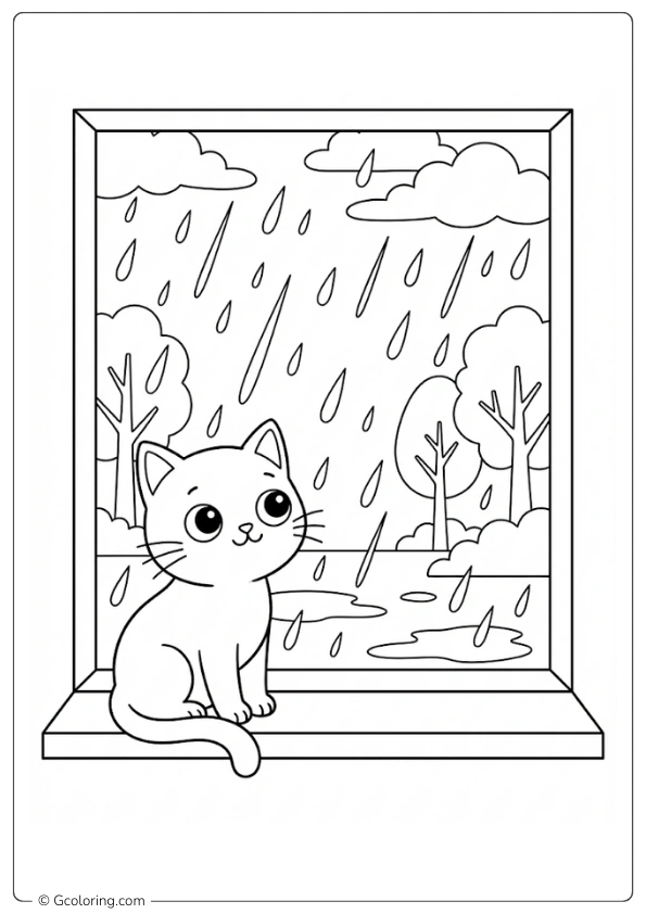 Cat watching rain from a window Coloring Pages