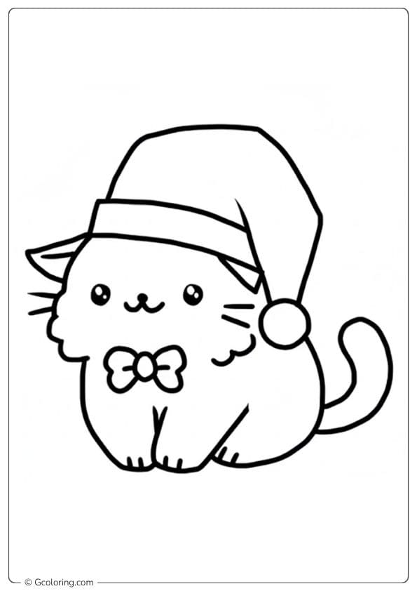 Chibi Christmas Cat Coloring Page Outline