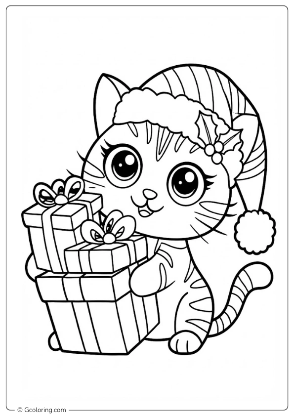 Christmas Cat Coloring Page (7)