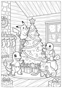 Christmas Eve with Pikachu & Starters Coloring Pages