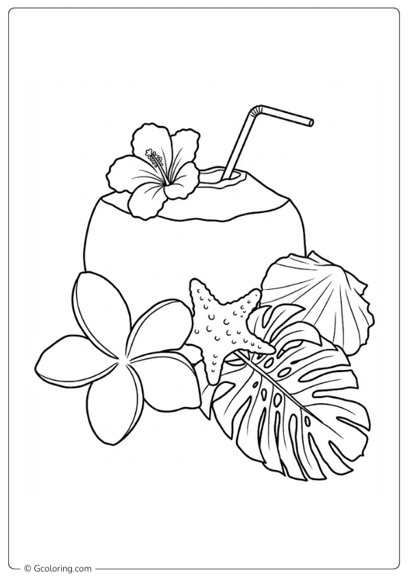 Coconut with Hibiscus Flower Coloring Pages