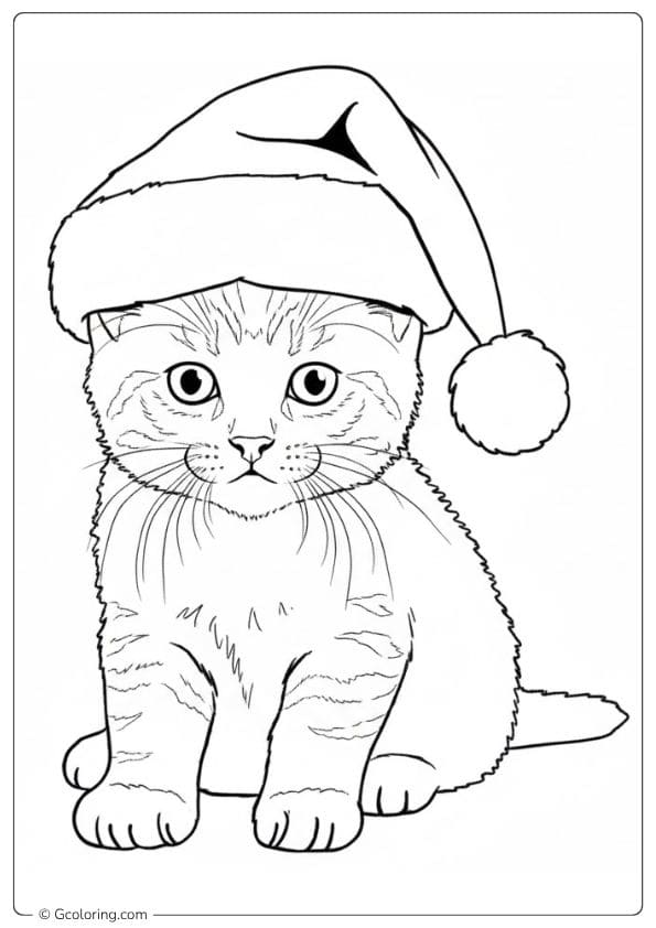 Cute Kitten Christmas Cat Coloring Page Simple Outline
