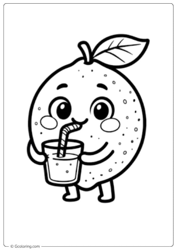 Cute Lemon Character Drinking Juice Outline lemon coloring page (1)