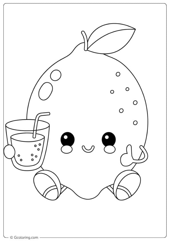 Cute Lemon Character Drinking Juice Outline lemon coloring page