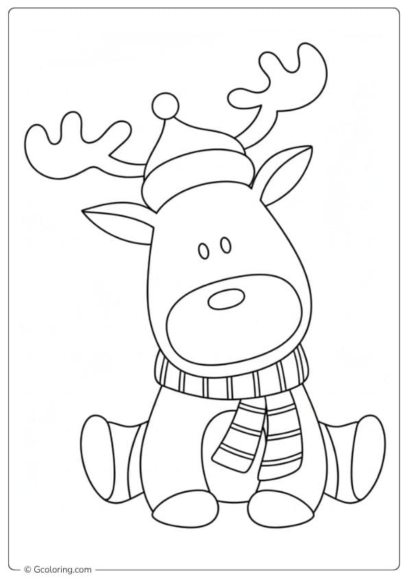 Cute Reindeer in Santa Hat and Scarf Outline for Christmas Coloring Pages