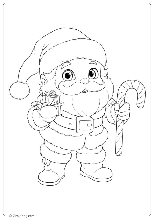Cute Santa with Candy Cane and Gifts coloring pages candy canes