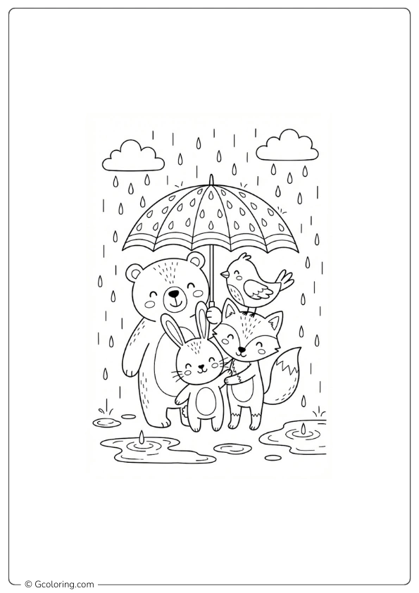 Cute animals sharing one big umbrella Coloring Pages