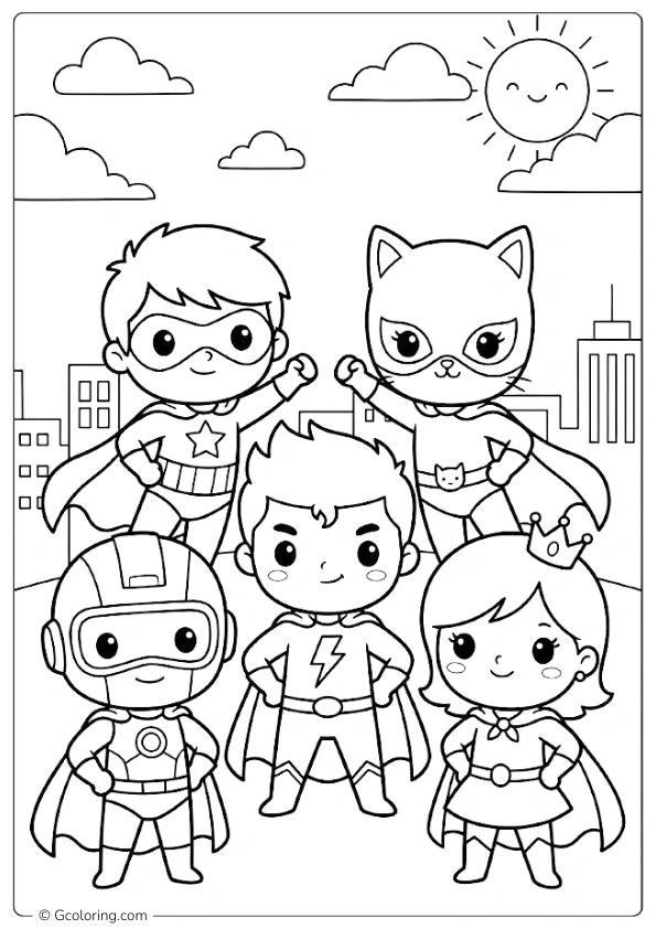 Cute chibi superhero team Coloring Pages
