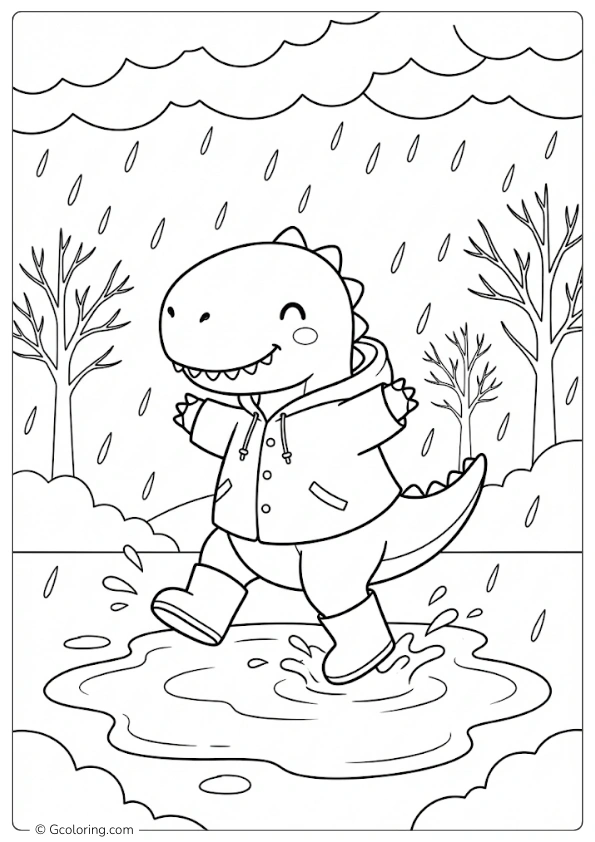 Cute dinosaur playing in puddles Coloring Pages