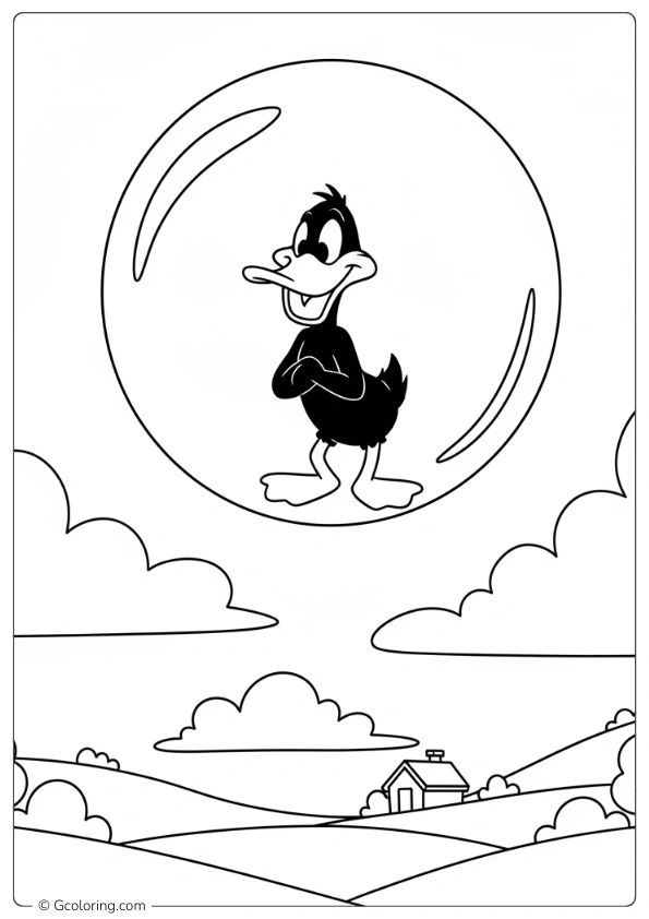 Daffy Duck stuck inside a bubble floating in the sky Looney Tunes Coloring Pages
