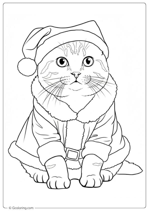 Detailed Christmas Cat Coloring Page Outline