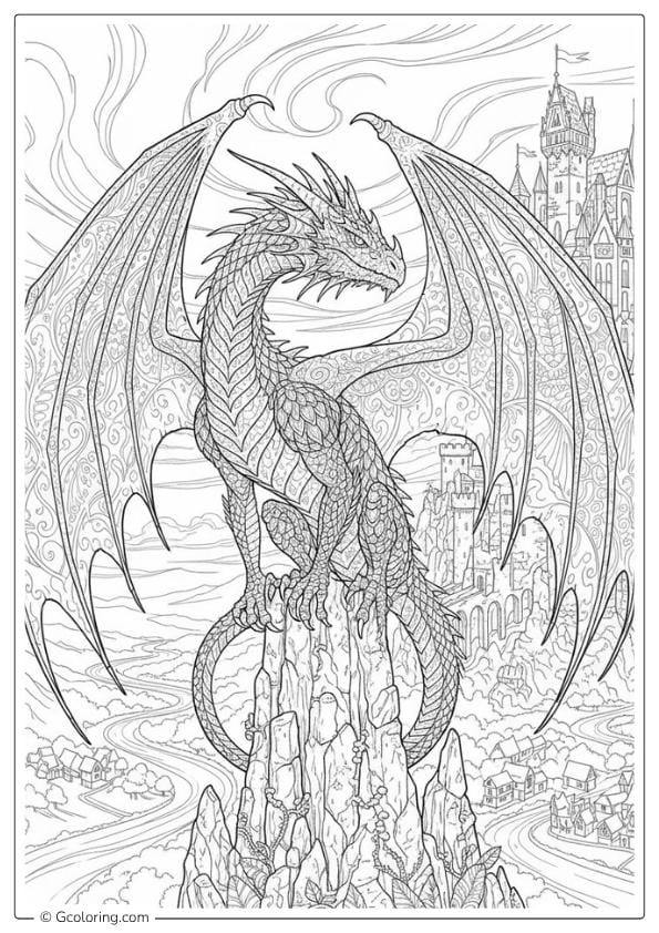 Dragon With Castle View – dragon coloring pages for adults