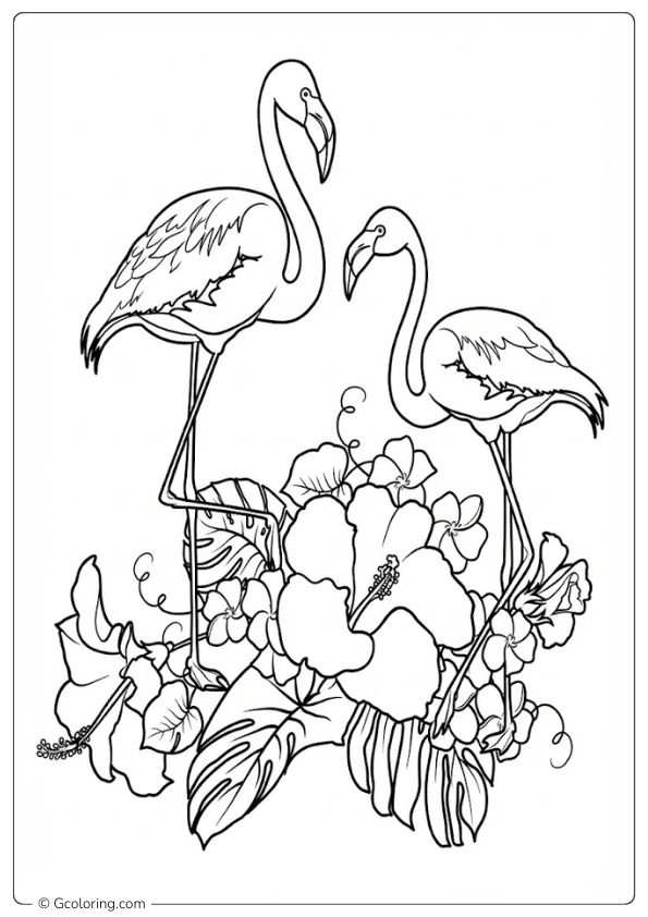 Flamingo in Hibiscus Flower Coloring Pages