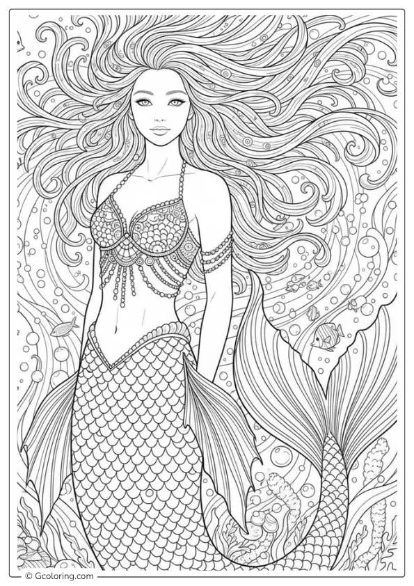 Flowing Hair Adult Mermaid Coloring Pages