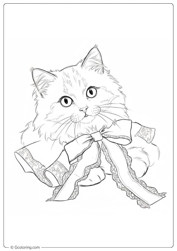 Fluffy Christmas Cat Coloring Page with Ribbon Bow