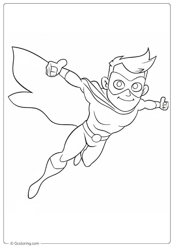 Flying Superhero Thumbs Up Simple Line Art for Coloring