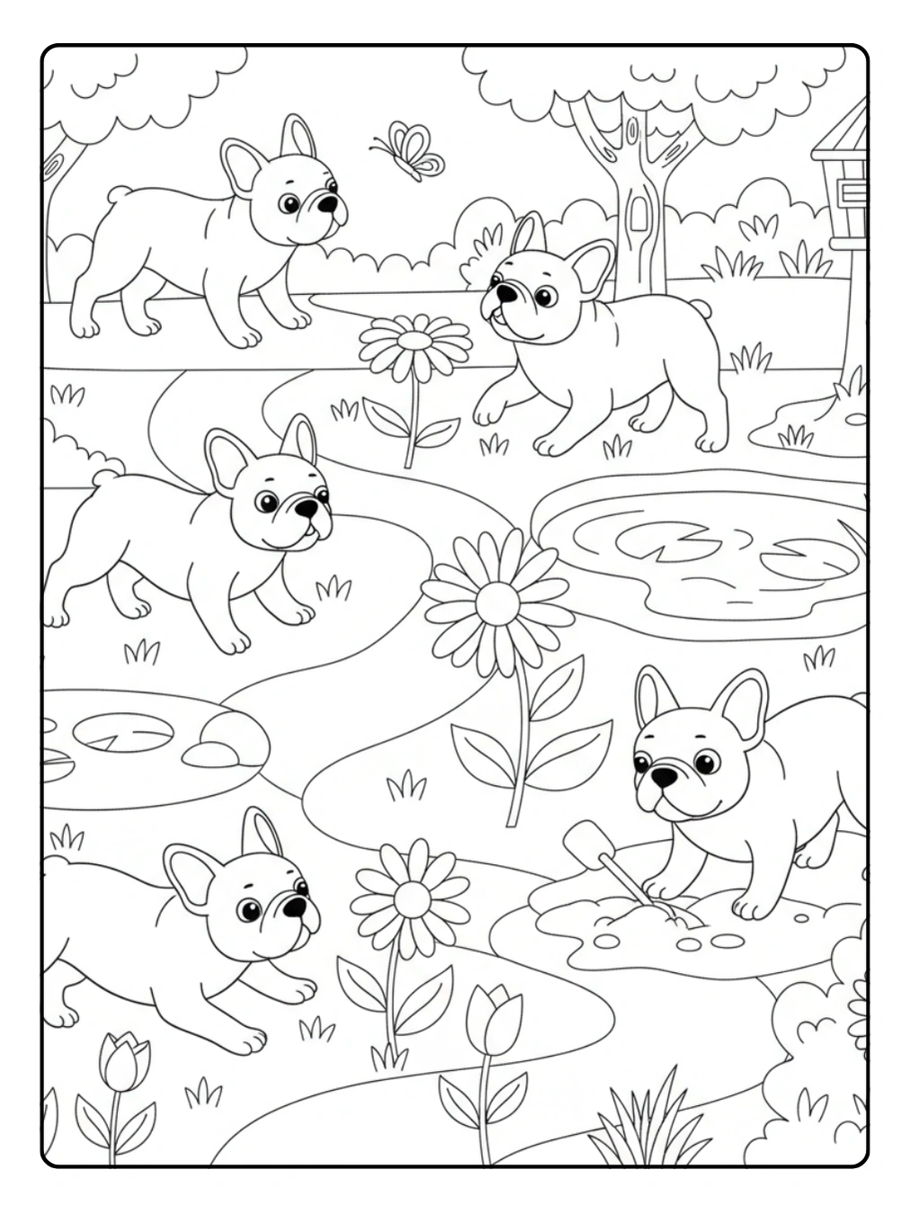 French Bulldog Coloring Pages in Garden
