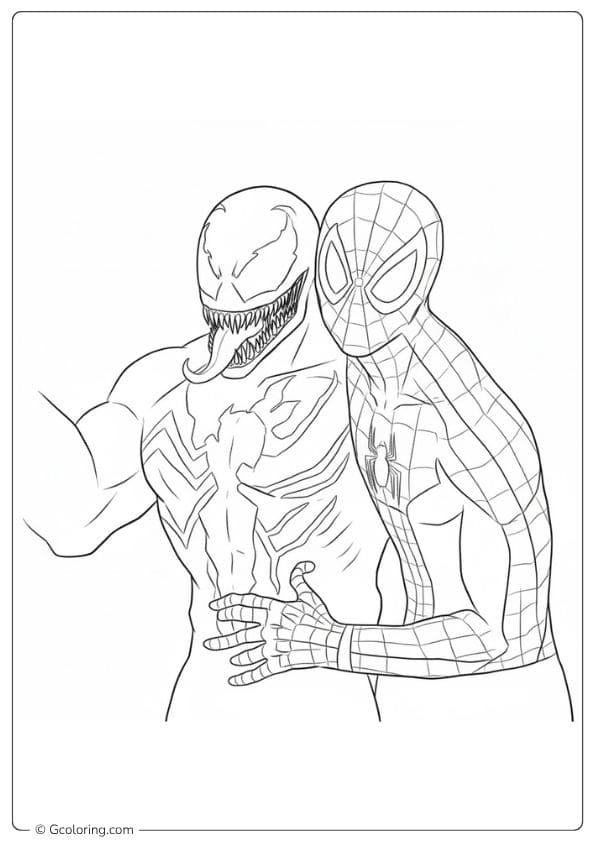 Friendly Spiderman and Venom Hug Coloring Pages Outline