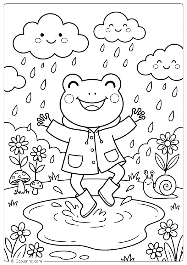 Frog dancing happily in the Rain Coloring Pages