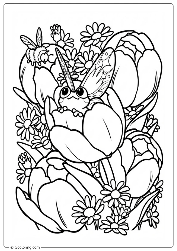 Frog with Tulip Coloring Pages