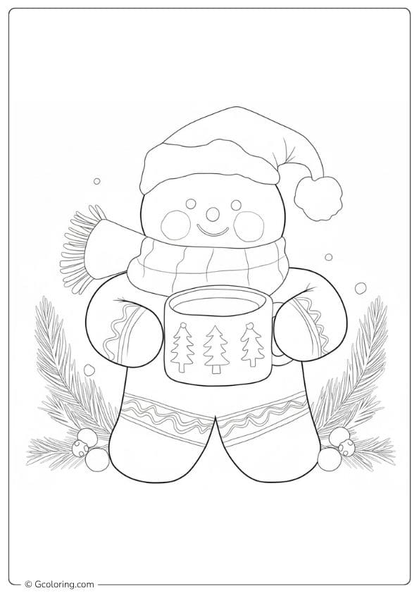 Gingerbread Man with Hot Cocoa Simple Outline for Christmas Coloring Pages