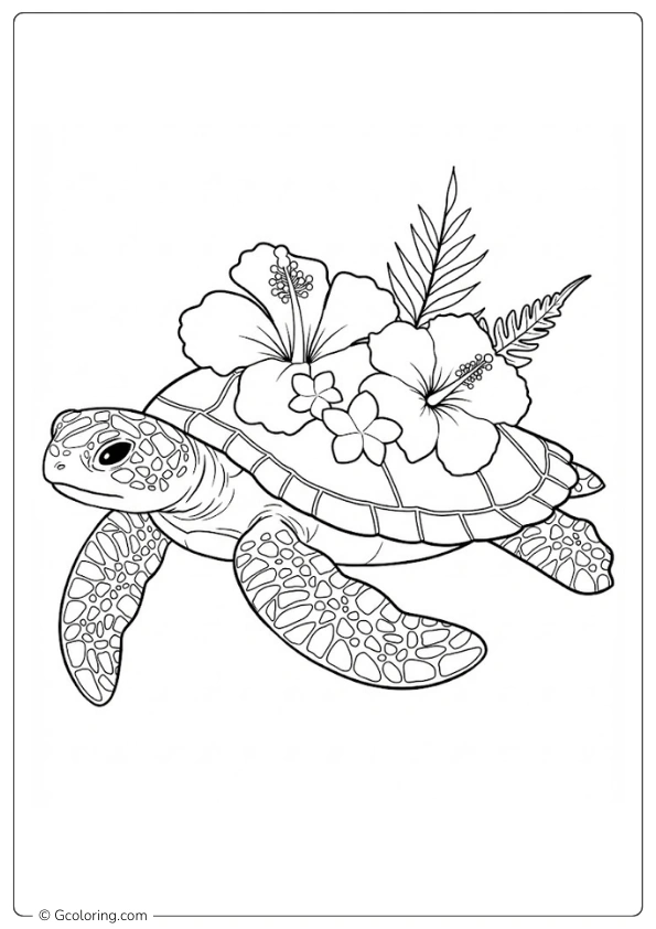 Green ocean sea turtle with Hibiscus Flower Coloring Pages