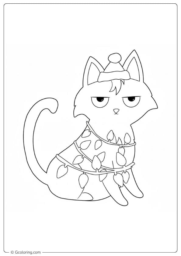Grumpy Cat Tangled in Lights Christmas Cat Coloring Page