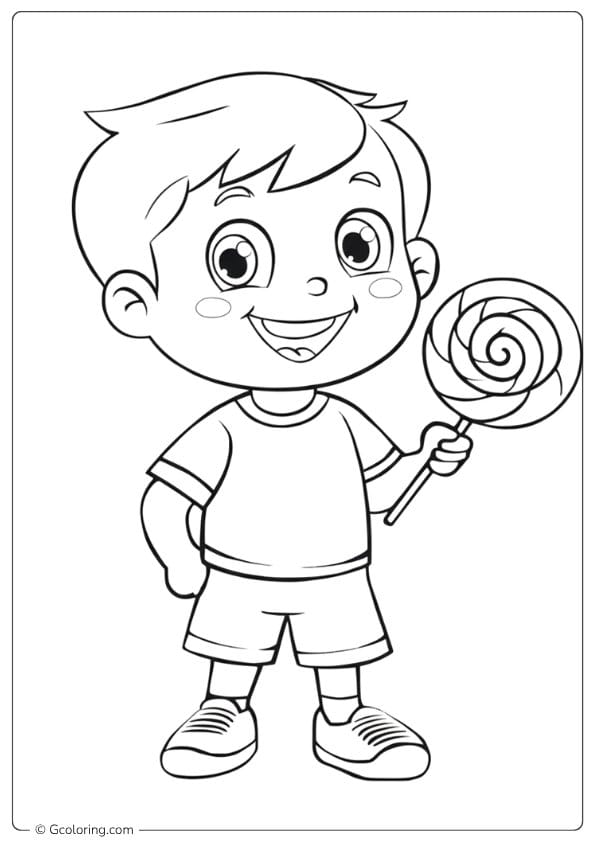 Happy Boy Holding Lollipop Outline lollipop coloring page