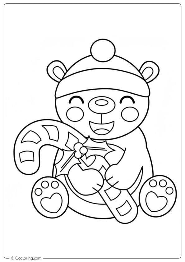 Happy Polar Bear with Candy Cane Outline for Christmas Coloring Pages