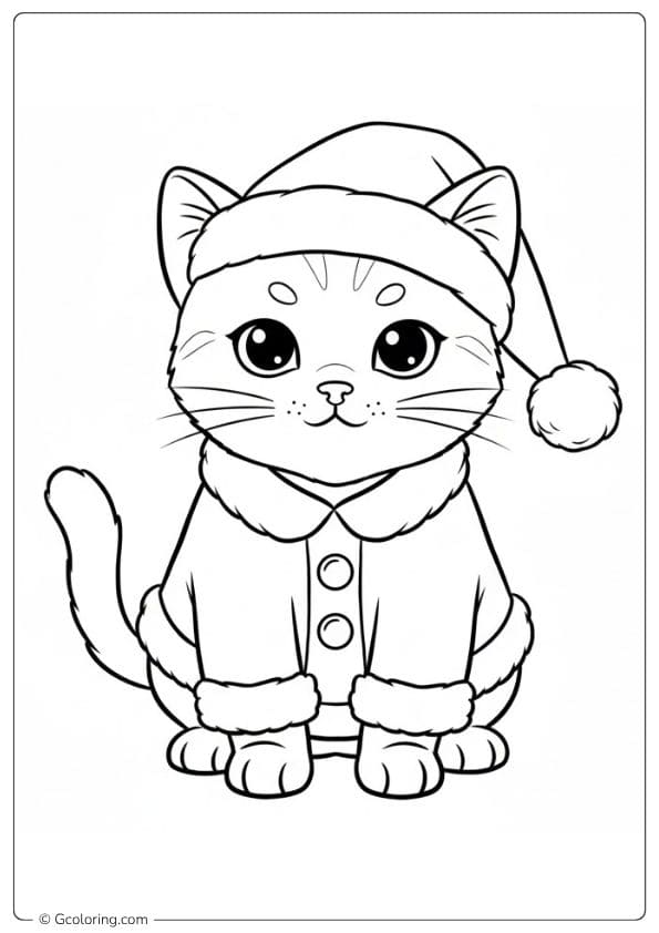 Kitten in Santa Costume Christmas Cat Coloring Page Simple Outline