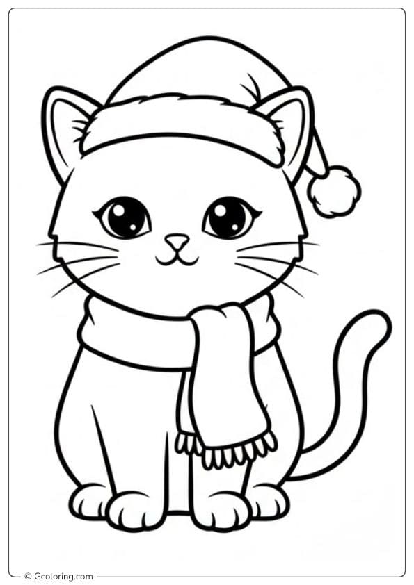 Kitten with Christmas Hat and Scarf Coloring Page Outline