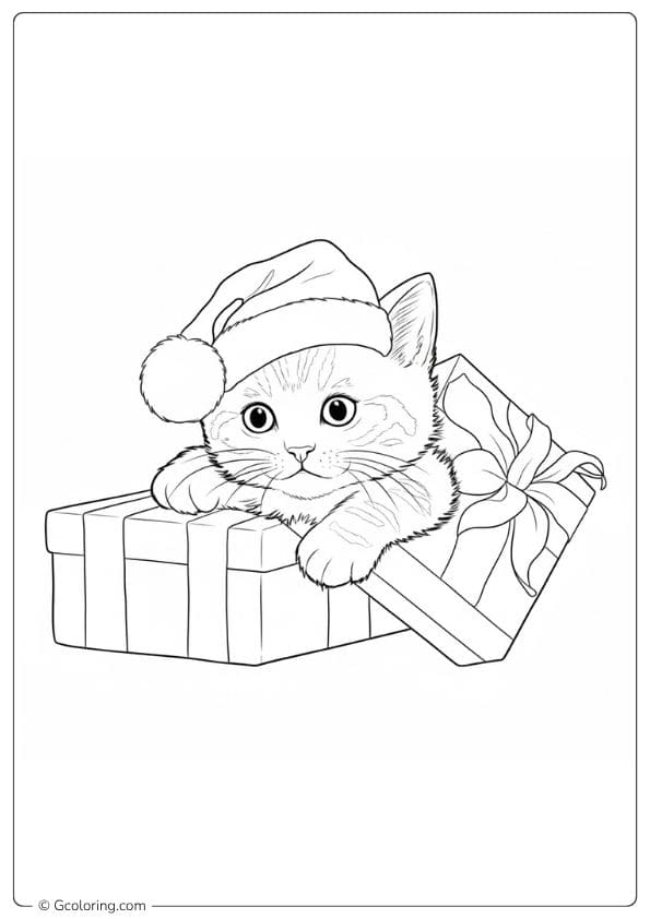Kitten with Gifts Christmas Cat Coloring Page