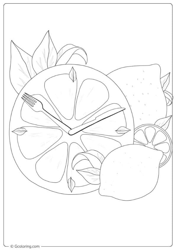 Lemon Clock with Lemons and Leaves Outline lemon coloring page
