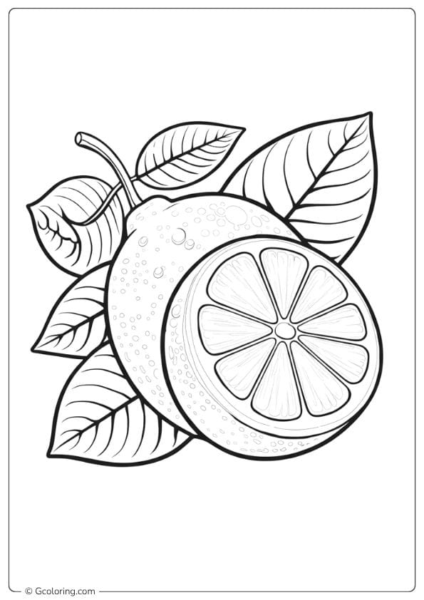 Lemon with Leafy Slice Outline lemon coloring page