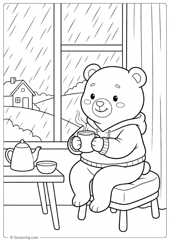 Little bear drinking hot cocoa on a rainy day Coloring Pages