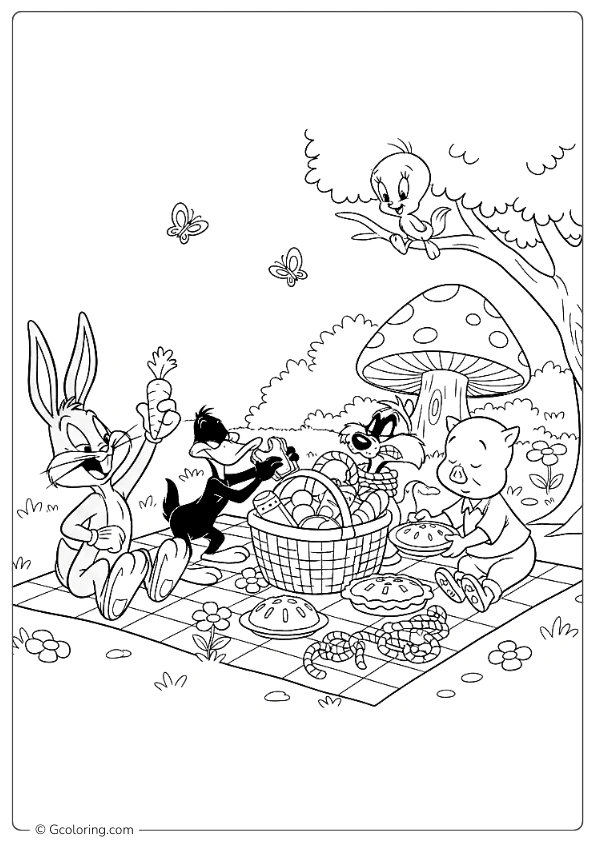 Looney Tunes characters having a picnic Coloring Pages