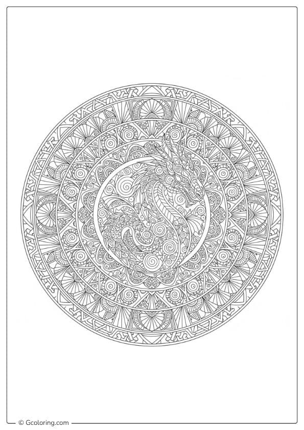 Mandala Dragon Harmony – dragon coloring pages for adults