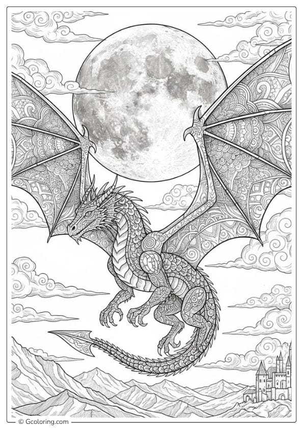 Moonlight Dragon Flight – dragon coloring pages for adults