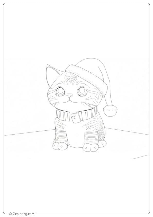 Outline Drawing Fluffy Christmas Cat Coloring Page