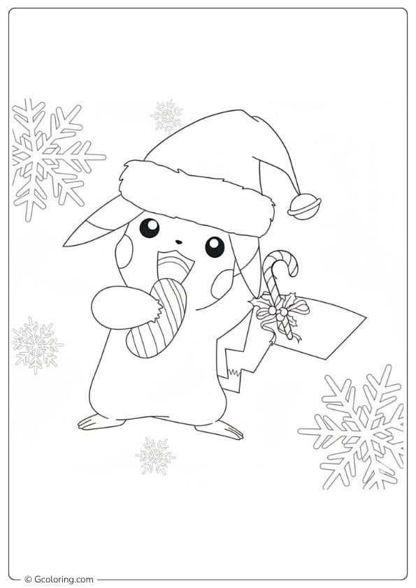 Pikachu Christmas Hat and Candy Cane Coloring Pages Outline