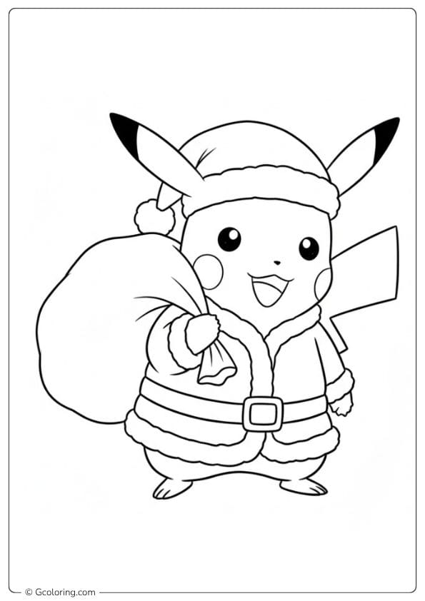 Pikachu Santa Claus with Gift Bag Coloring Pages Outline