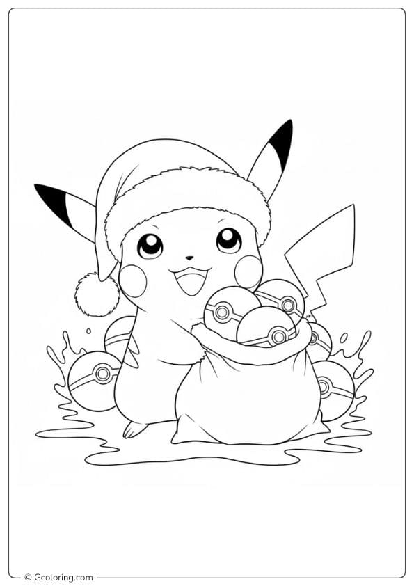 Pikachu Santa with Pokeball Bag Christmas Coloring Pages Outline