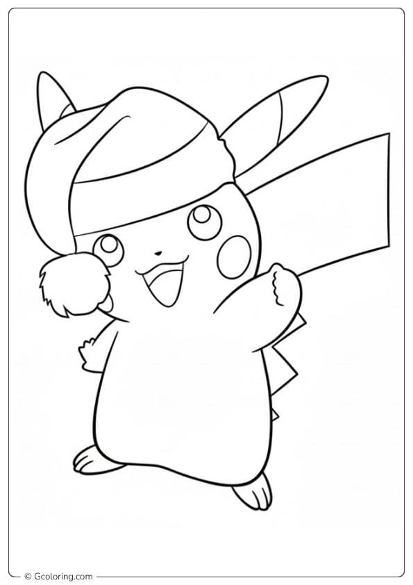 Pikachu in Santa Hat with Present Simple Outline for Pokemon Christmas Coloring Pages